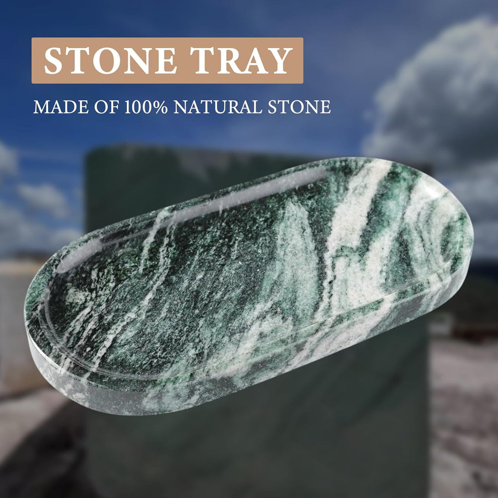Koville Green Marble Tray for Bathroom Countertop, 10"x5" Natural Marble Vanity Tray Perfume Trays for Dresser, Stone Jewelry Dish Candle Holder for Home Decor, Stone Catchall Trays