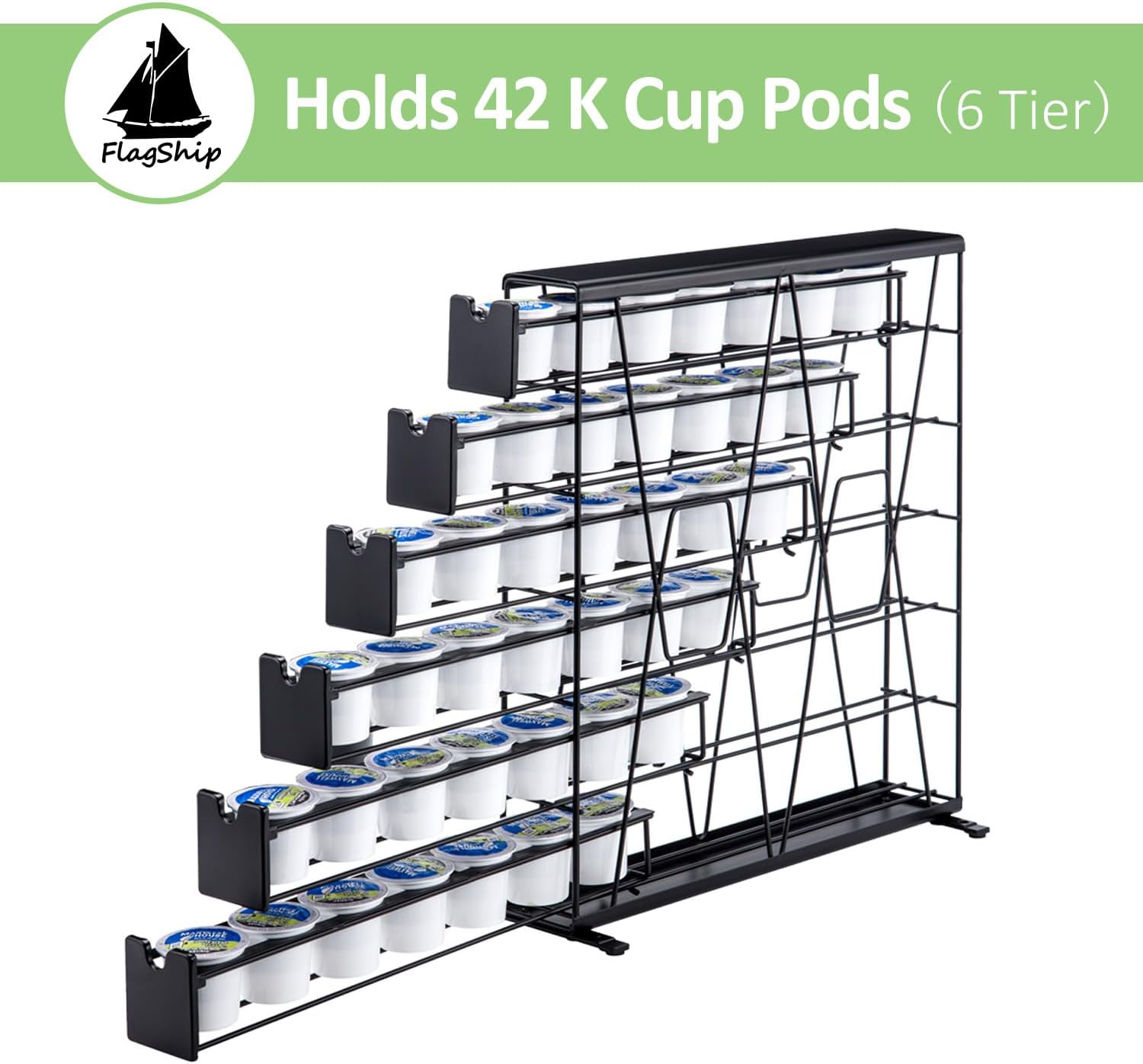 FlagShip 6-Tier Coffee Pod Holder for K Cup - 42 Capsule Max Capacity Metal Rack, Ultra-Efficient Corner Storage Space Saving Design