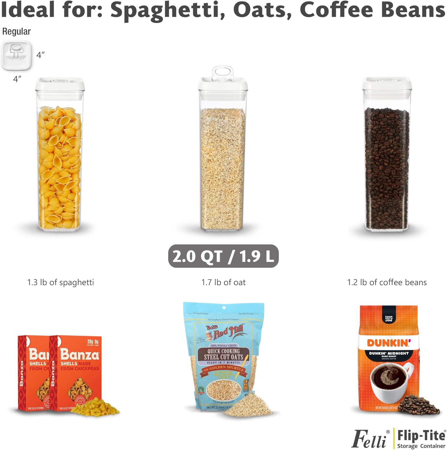 Felli Flip Tite TALL Storage Container with Lid 4" Air Tight Easy Open Ring Top, Clear Acrylic Skinny Canister Jar for Spaghetti Lasagna Fettuccine Noodle, Kitchen Cupboard Pantry Organizer (2.0 qt)