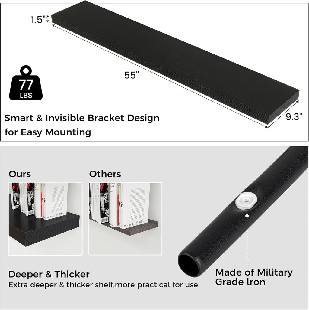Floating Shelves for Wall, Large Wall Mounted Shelves with Invisible Brackets, Long Wood Floating Shelf Shelves for Living Room, Bedroom, Kitchen, (Black, 55" W x 9" D x 1.5" H)