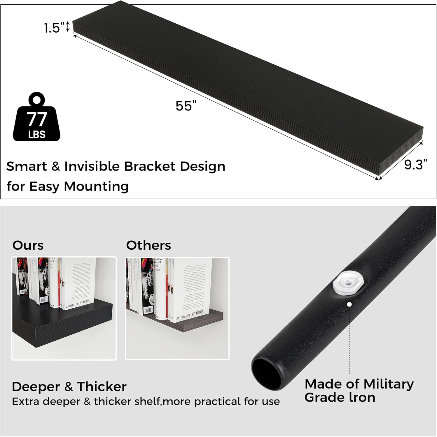 Floating Shelves for Wall, Large Wall Mounted Shelves with Invisible Brackets, Long Wood Floating Shelf Shelves for Living Room, Bedroom, Kitchen, (Black, 55" W x 9" D x 1.5" H)