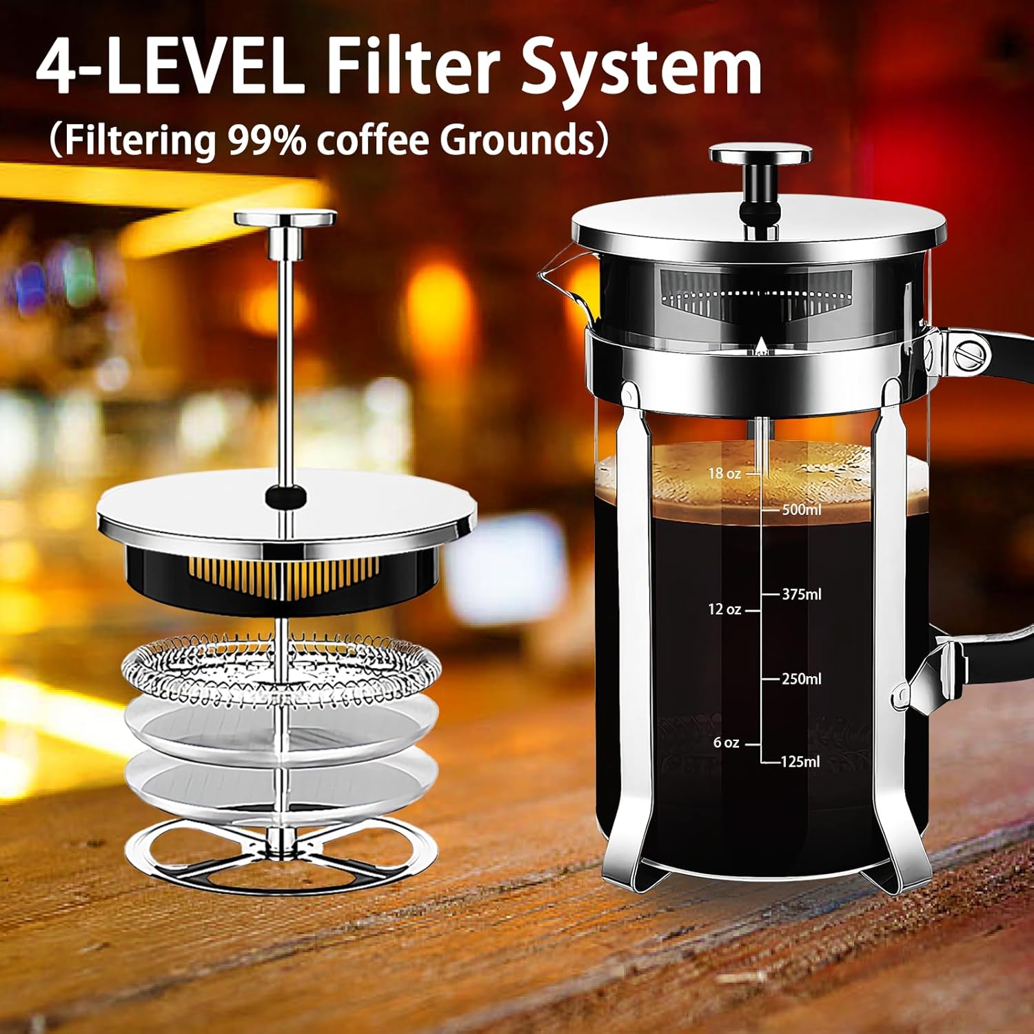 French Press Coffee Maker 304 Stainless Steel Coffee Press,with 4 Filters System, Heat Resistant Thickness Borosilicate French Press Glass, BPA-Free Brewed Tea Pot Coffee Plunger(Copper 12oz)