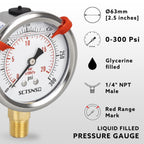 0 to 300 Psi Pressure Gauge, Glycerin Liquid Filled, 2.5 inch Dial, 1/4" NPT Lower Mount, Stainless Steel Case, for Regulator, Air Compressor, Water System, HVAC, Hydraulic, Pressure Test