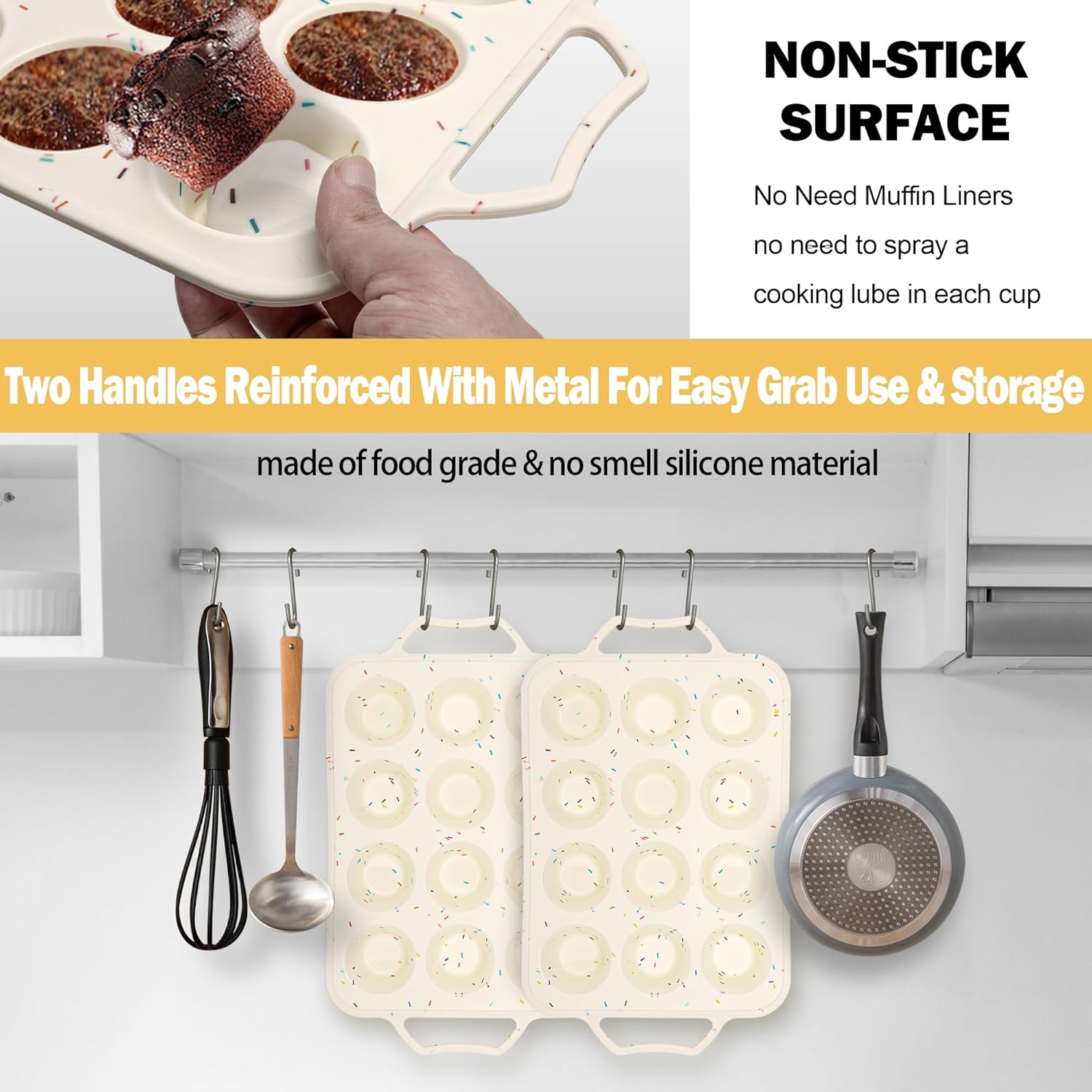 2 Pack Silicone Muffin Pans for Baking with Metal Reinforced Frame, 12 Cup Cupcake Baking Pans Nonstick for Oven, BPA Free Silicone Muffin Tin for Egg Bites Cake, Easy Pop Out & Dishwasher Safe