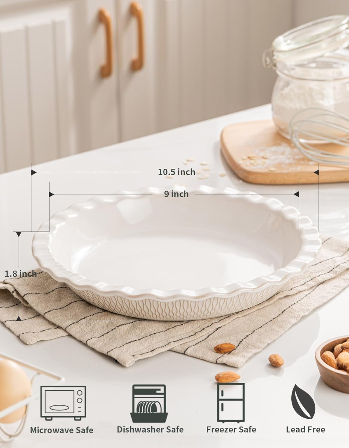 Ceramic Pie Dish for Baking, 9 inch Porcelain Pie Pan, Fluted Pie Plate for Apple, Quiche, Pot Pies, Tart, Modern Farmhouse Bakeware, Vanilla White