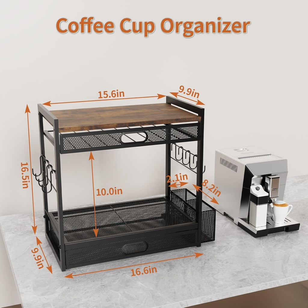 Coffee Bar Organizer Station with CoffeePod Drawer Mug Cup Holder and Tea Condiment Storage Kitchen Countertop Organizer CoffeeBar Accessories for Kitchen,Home,Office