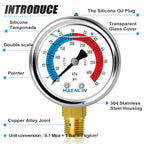 MEANLIN MEASURE 1/4" NPT 0-60psi Pressure Gauge, 2" Dial Glycerine Filled Pool Filter, 304 Stainless Steel Housing, Lower Mount, with 1/2" NPT and 3/8" NPT Hex Bushing
