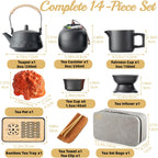 ICHAG Japanese & Chinese Tea Set, Adults' Portable Gongfu Tea Set with Teapet with Porcelain Teapot, 8oz Teapot,14-Piece 茶具 for Home/Outdoor/Office Gifts (Gray)