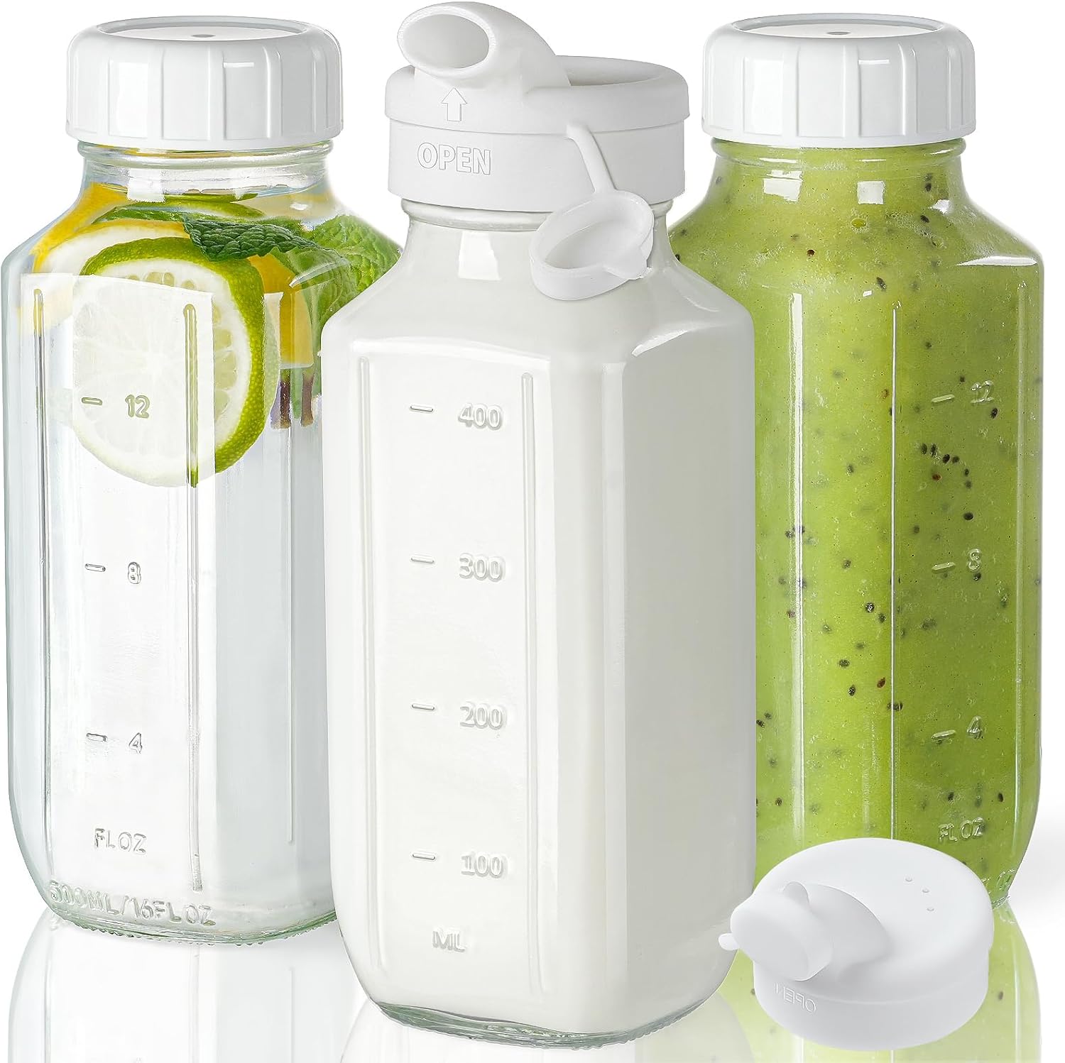 Glass Juice Bottles with Lids, 3 Pack Clear Glass Water Bottles w 2 Pour Spouts, 16 Oz Reusable Milk Jug w 100% Airtight Cap and Scale for Juicing Containers, Breast Milk Storage, Drinking Jar