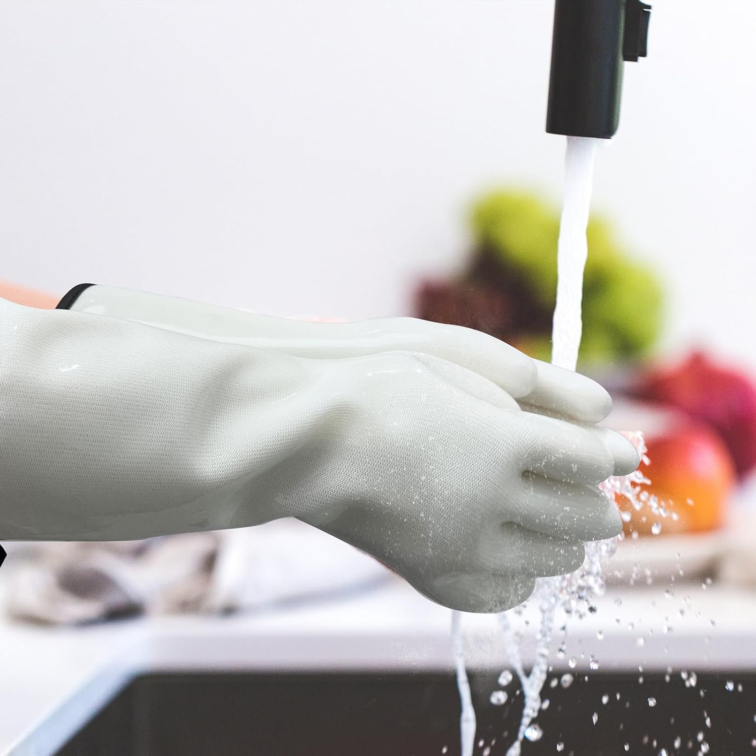 Oven Gloves Liquid Silicone Gloves Food Grade Heat Resistant Mitts with Fingers, for Cooking Baking Grilling Waterproof, with Nylon Liner, White, Large