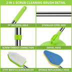 Scrub Cleaning Brush with Long Handle 35'' - Extendable Floor Scrubber with 1 Stiff Bristles & 3 Sponge Brush, Adjustable Lightweigh Detachable Kitchen Brush for Baseboard Shower Bathroom Bathtub Tile
