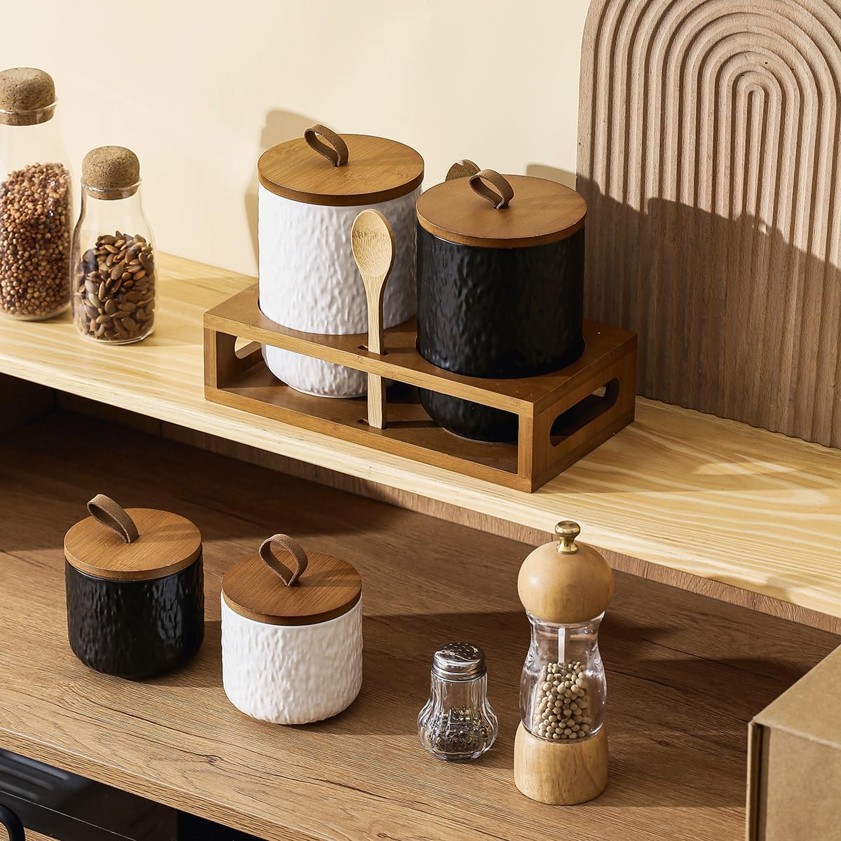 Black White Ceramic Coffee Canister Tea Canister with Seal Wood Lid, Airtight Coffee Storage Container for Coffee Bean, Ground Coffee, Sugar, Cookie Candy jar (Black, 800ml)