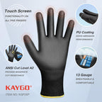 KAYGO Cut Resistant Gloves PU Coated, 12 Pairs Safety Work Gloves with full fingers Touchscreen, ANSI Cut Level A2, for Men and Women, Ideal for General Duty Work KG11P, Black,S