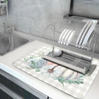 Fall Colorful Pumpkin Dish Drying Mat for Kitchen Counter,Green Leaves Drying Mat with Hanging Loop 18 x 24 Inch Microfiber Grey White Check Plaids Dish Drying Pad Dish Rack Drainer Mat for Coffee Bar
