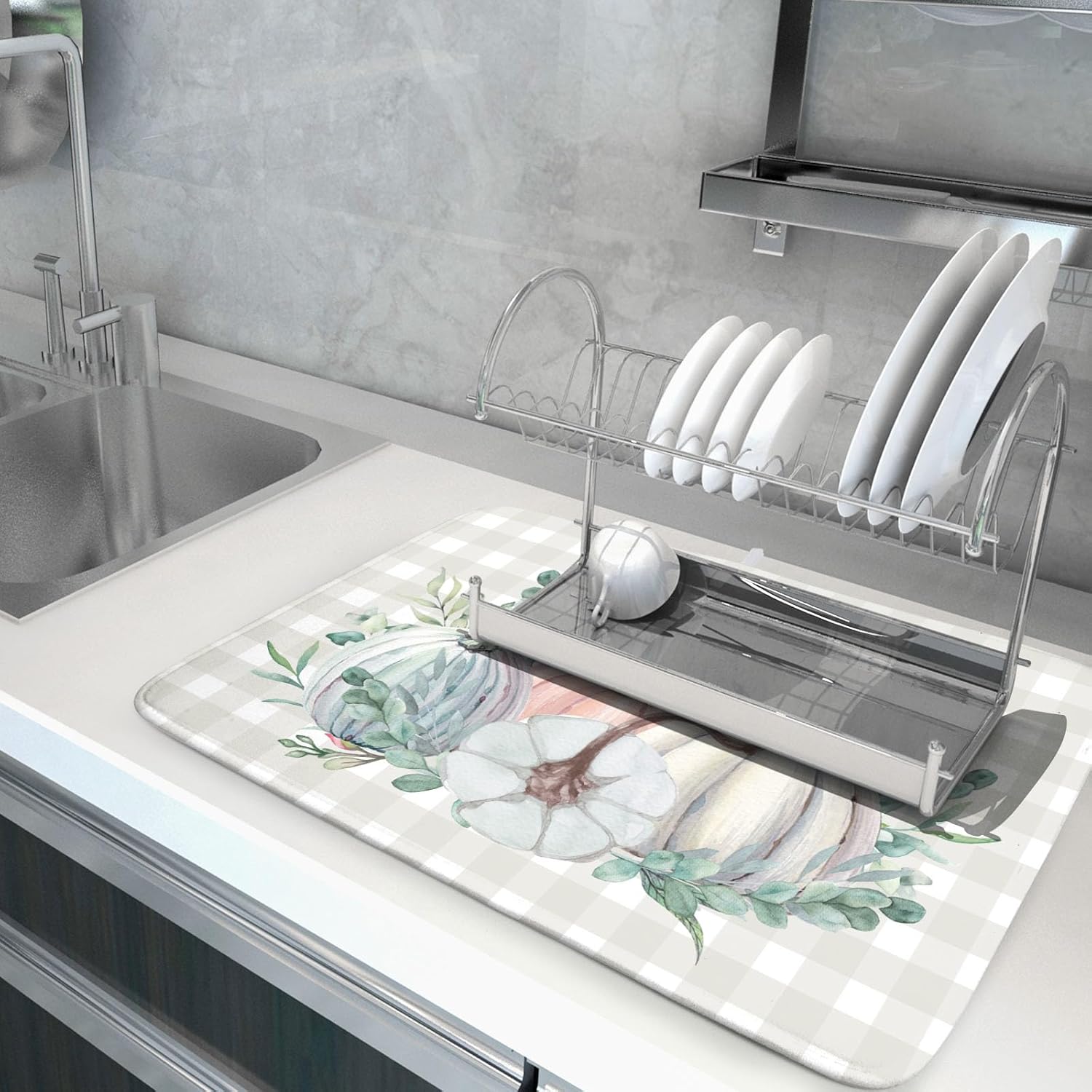 Fall Colorful Pumpkin Dish Drying Mat for Kitchen Counter,Green Leaves Drying Mat with Hanging Loop 18 x 24 Inch Microfiber Grey White Check Plaids Dish Drying Pad Dish Rack Drainer Mat for Coffee Bar