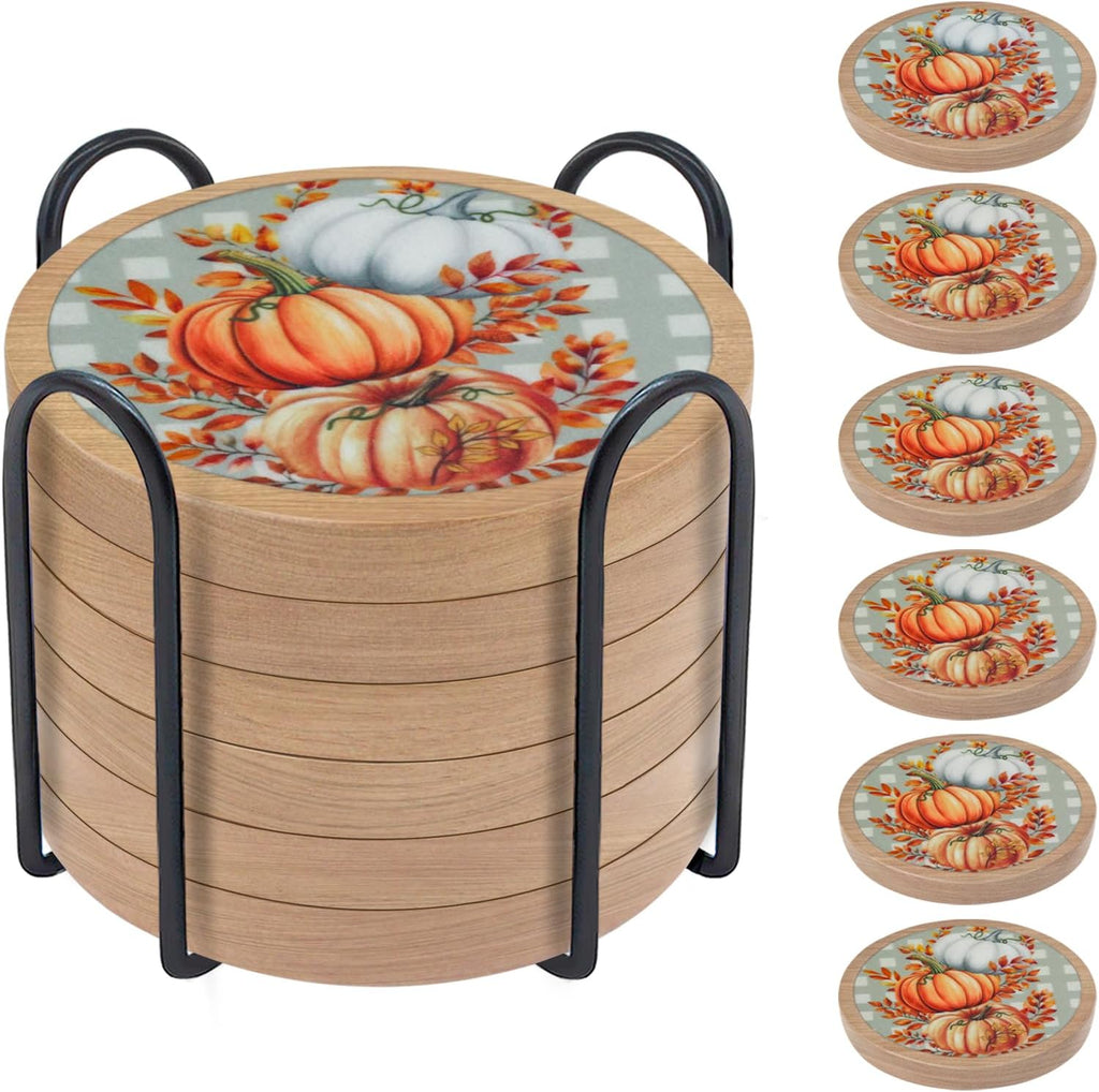 Fall Coasters Set of 6, Pumpkins Coaster, Minacun Absorbent Coasters with Holder Halloween Thanksgiving Themed Party Decoration 4.3 Inch
