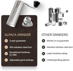 Manual Coffee Grinder by Alpaca Ventures - Stainless Steel Conical Burr Coffee Grinder Manual with Adjustable Setting Double Bearing Hand Espresso Grinder Perfect for Home, Office and Camping