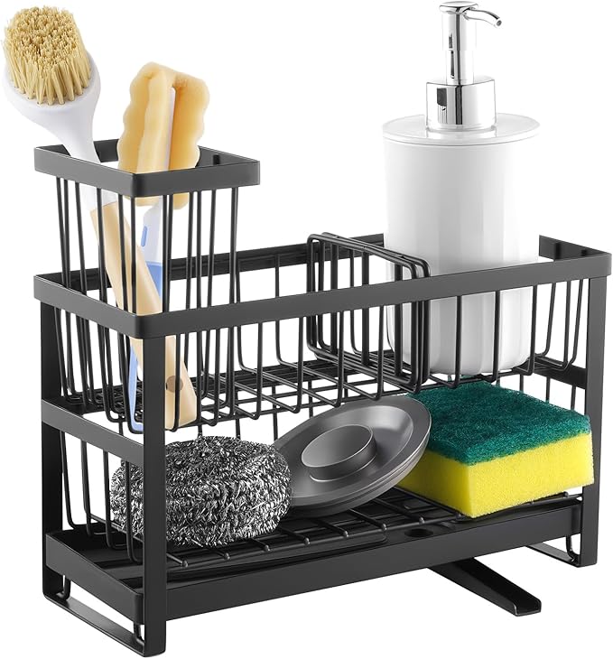 VEVOR Kitchen Sink Caddy Organizer, 2 Tier Sponge Holder for Kitchen Sink with High Brush Holder & Divider, Storage Rack with Rotatable Drainage Spout, Countertop Organizers and Storage Essentials