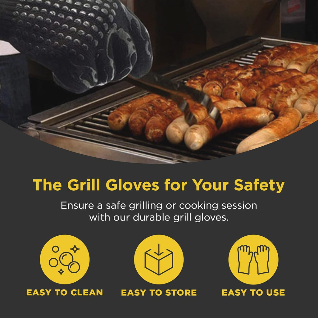 Insulated BBQ Heat Resistant Gloves - Neoprene & Polyester Barbecue Grilling Gloves with Silicone Pads for Gas Grill & Charcoal Grills Outdoor Cooking - 1400°F High Heat Fire BBQ Mittens by O-Yaki