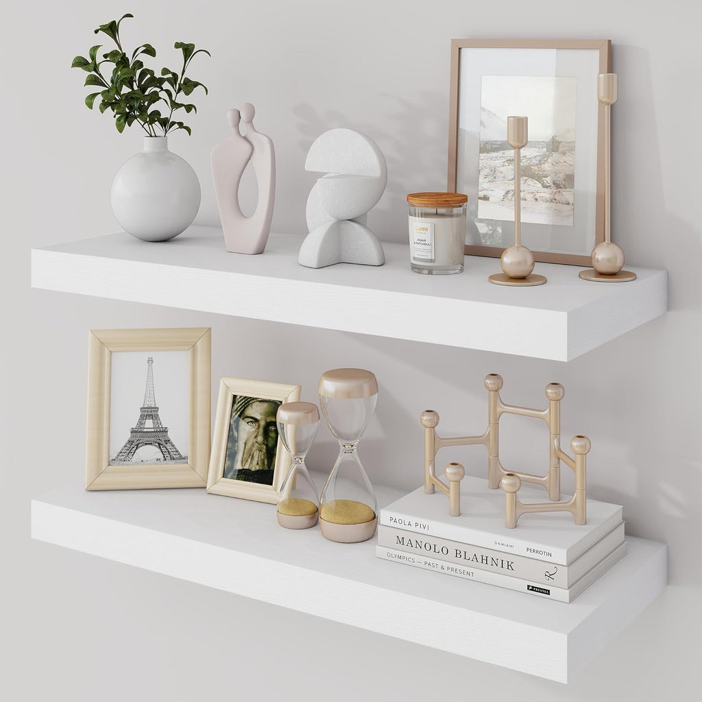 24 Inch Floating Shelves, 9.3" Deep Floating Shelf Wall Mounted, 24" Wall Shelves, Rustic Deep Bookshelf, Large Display Shelves & Storage Shelves for Bedroom, Living Room, White, Set of 2
