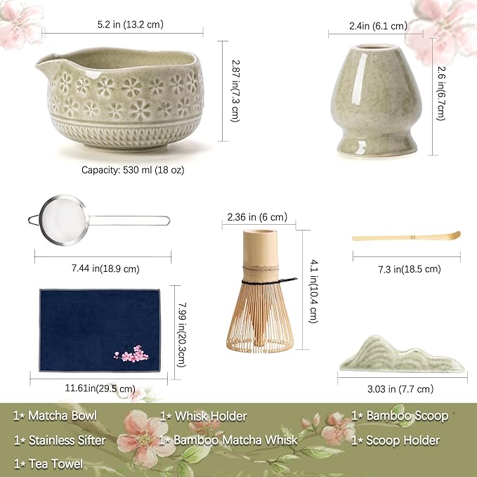 Matcha Whisk Set, Ceramic Matcha Kit Set Includes Matcha Bowl, Matcha Whisk and Holder, Bamboo Scoop, Scoop Rest, Sifter and Tea Towel - 7 Pcs Matcha Kit for Matcha Lovers (Mottled Green)