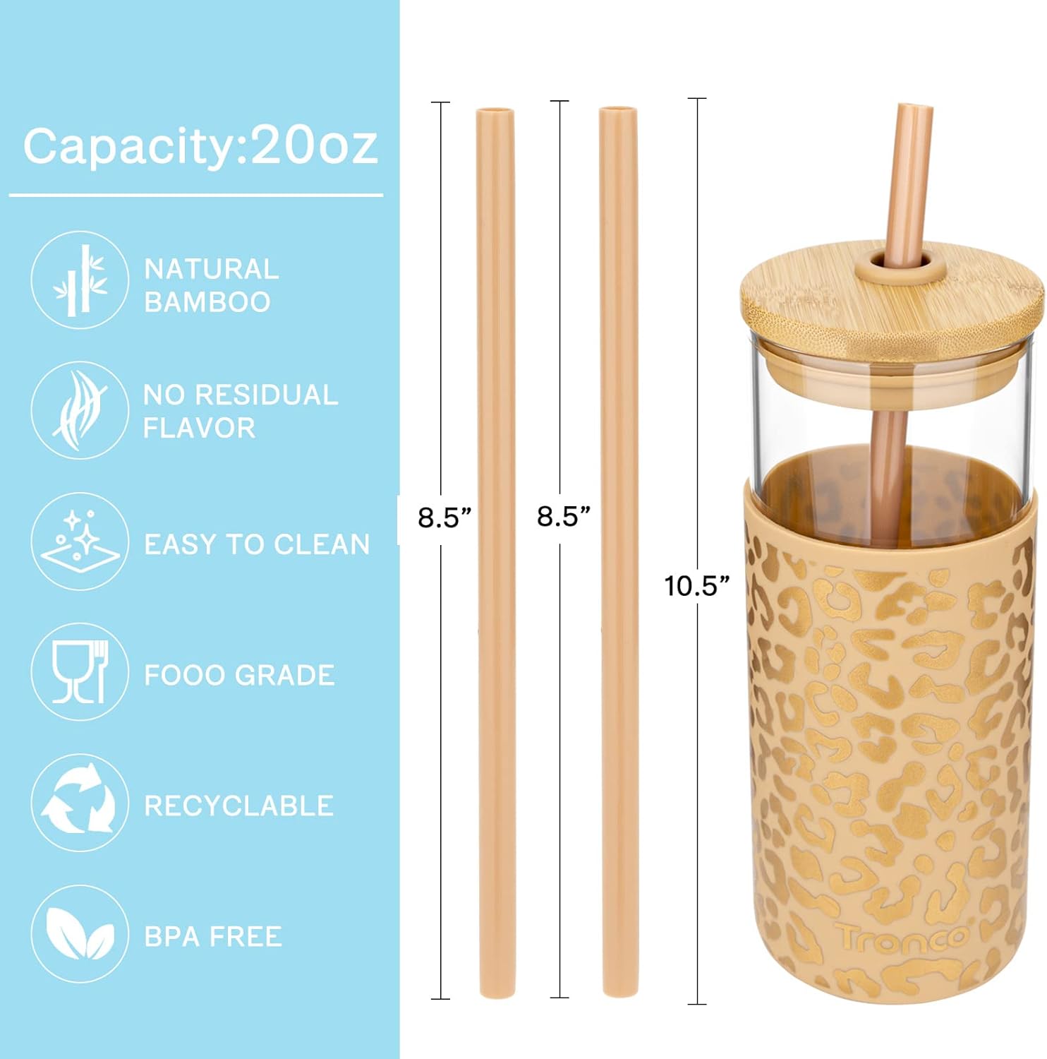 Tronco 20 oz Glass Tumbler with Straw and Lid- Glass Cup with Lid and Straw, Iced Coffee Cup Reusable, Smoothie Cups, Bamboo Lid and Protective Silicone Sleeve - BPA-Free
