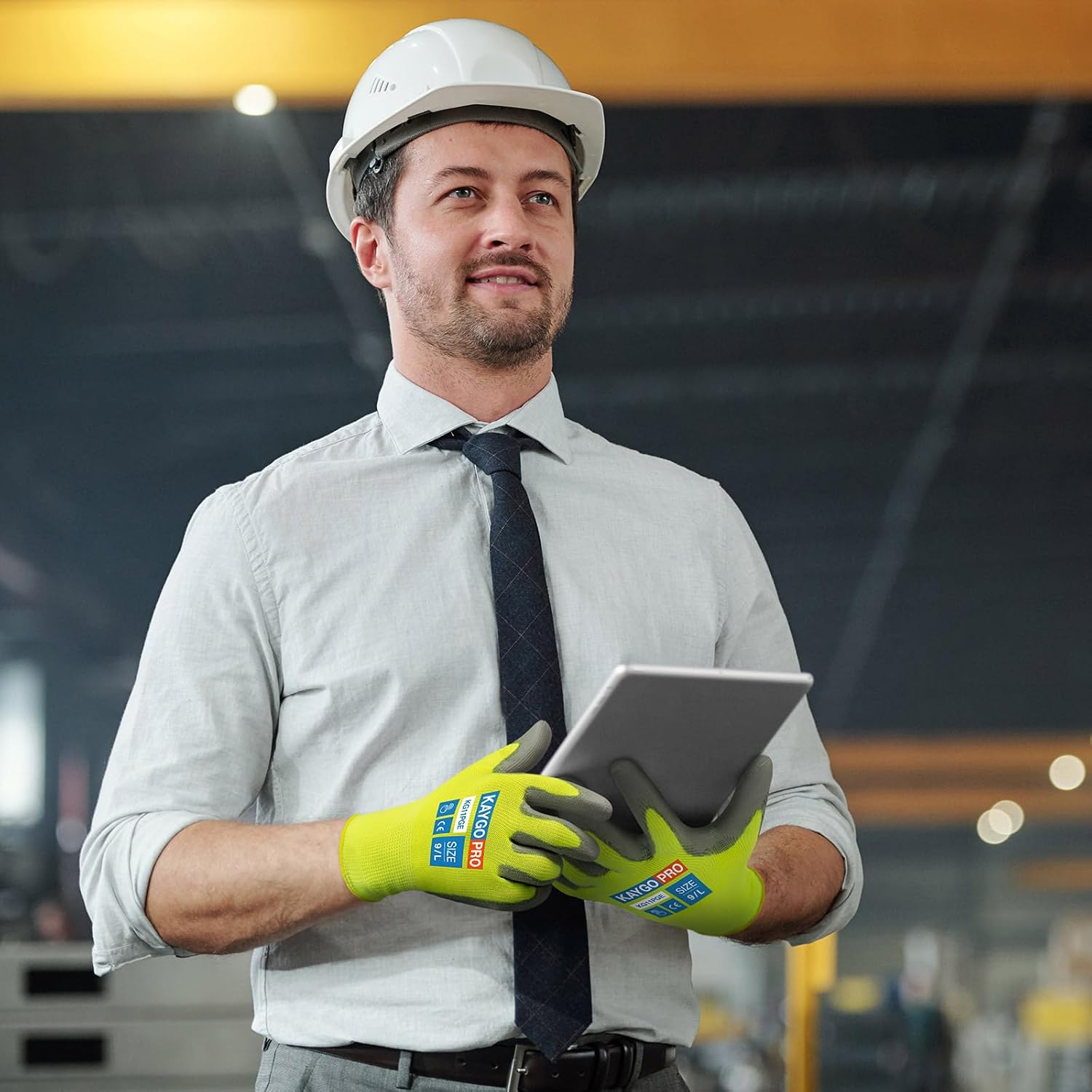 KAYGO Safety Work Gloves PU Coated for Men and Women- KG11P,12 Pairs,Seamless Knit Glove with Two Fingers Touchscreen,Ideal for General Duty Work (Green,L)