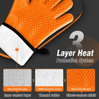 Walfos Silicone BBQ Gloves - Heat Resistant Grilling Gloves, Premium Non-Slip Kitchen Oven Mitt with Protective Cotton Layer Inside, Waterproof, Great for Grilling, Kitchen and Cooking, Orange