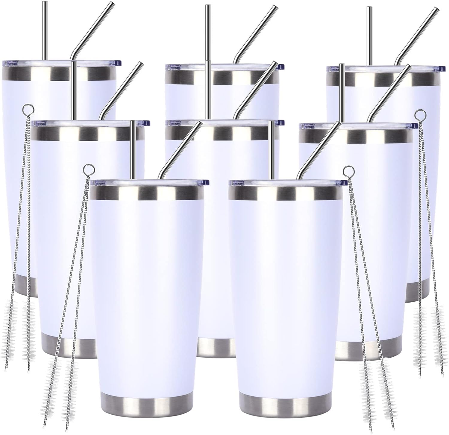 Pandance 20oz Stainless Steel Insulated Tumblers with Lid and Straw Bulk, Double Wall Vacuum Water Cups for Hot & Iced Coffee Drinks Travel Mug (White, 8 pack)