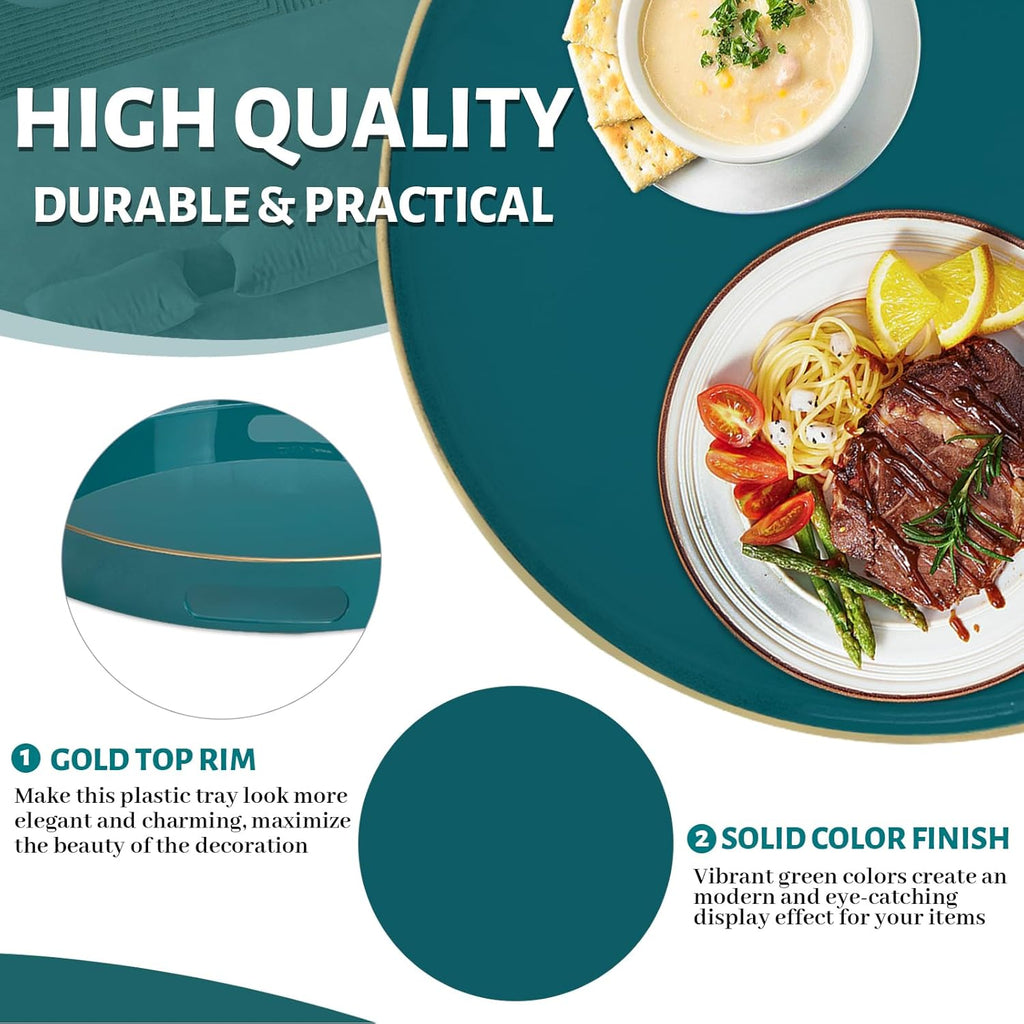MAONAME 13" Round Tray, Teal Serving Trays with Handles, Modern Decorative Trays for Coffee Table, Plastic Ottoman Tray for Ottoman, Bathroom, Decor