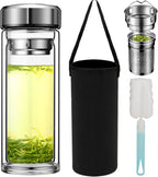 Tea Tumbler with Infuser, 20oz Double Wall Borosilicate Glass Tea Bottle, 100% Leak-Proof with Stainless Steel Filter