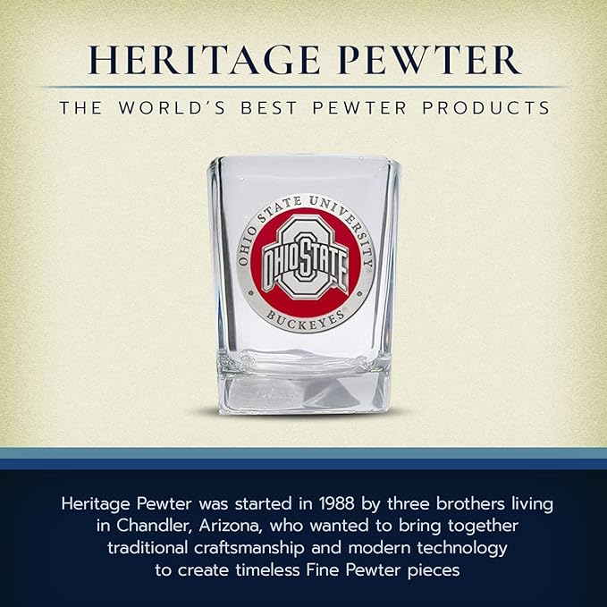 Heritage Pewter Ohio State Square Shot Glass | Hand-Sculpted 1.5 Ounce Shot Glass | Intricately Crafted Metal Pewter Alma Mater Inlay