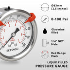 0 to 100 Psi Pressure Gauge, Glycerin Liquid Filled, 2.5 inch Dial, 1/4" NPT Back Mount, Stainless Steel Case, for Water Pump, Pneumatic Air, Well Tank, RV Hose, Gas, Low Pressure Test
