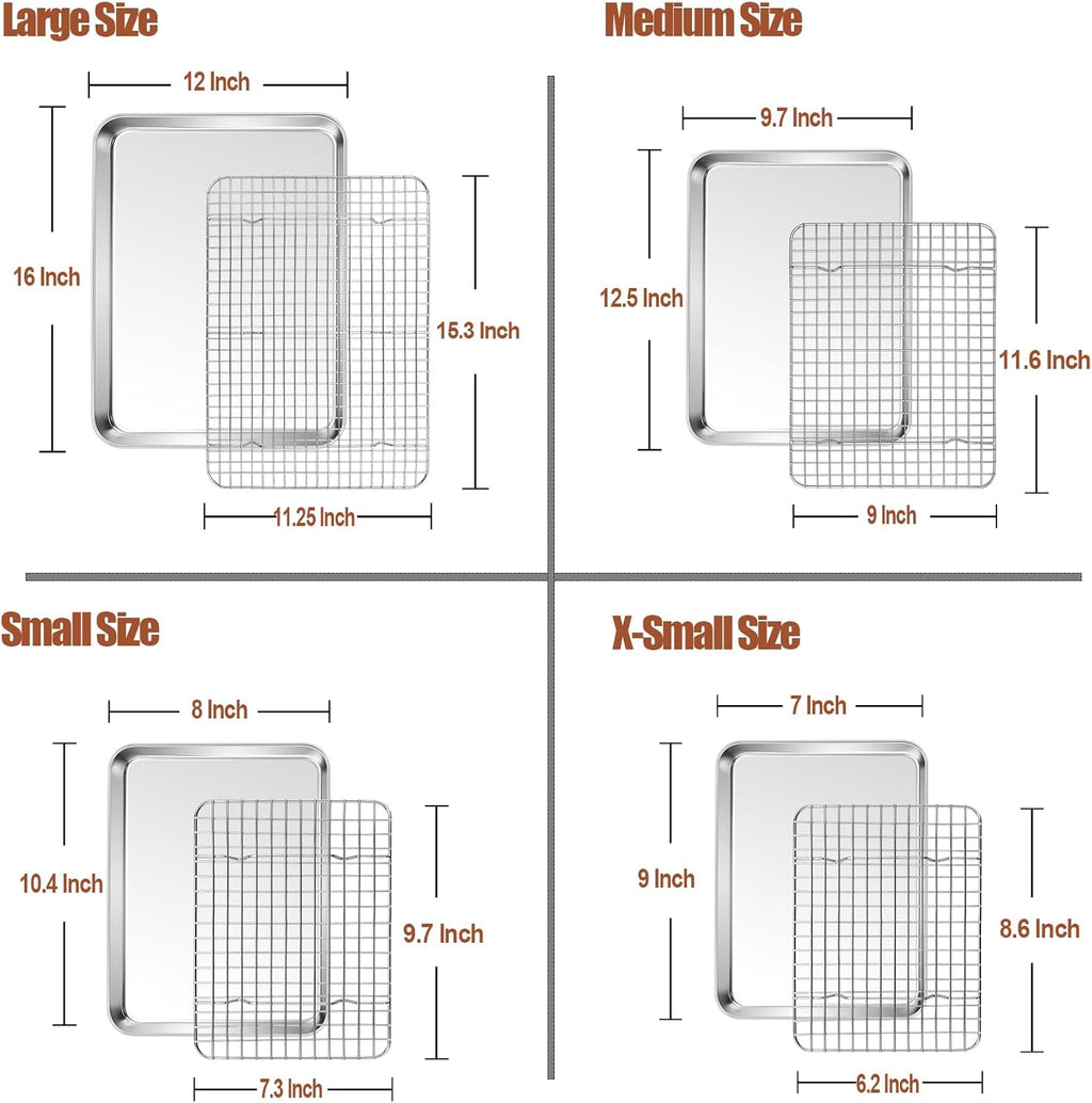 P&P CHEF 16 + 12.5 + 10.4 + 9 Inch Baking Sheet and Rack Set, Stainless Steel Cookie Sheets Oven Baking Pans Trays with Cooling Racks for Cooking & Roasting, Oven & Dishwasher Safe, (8Pcs)