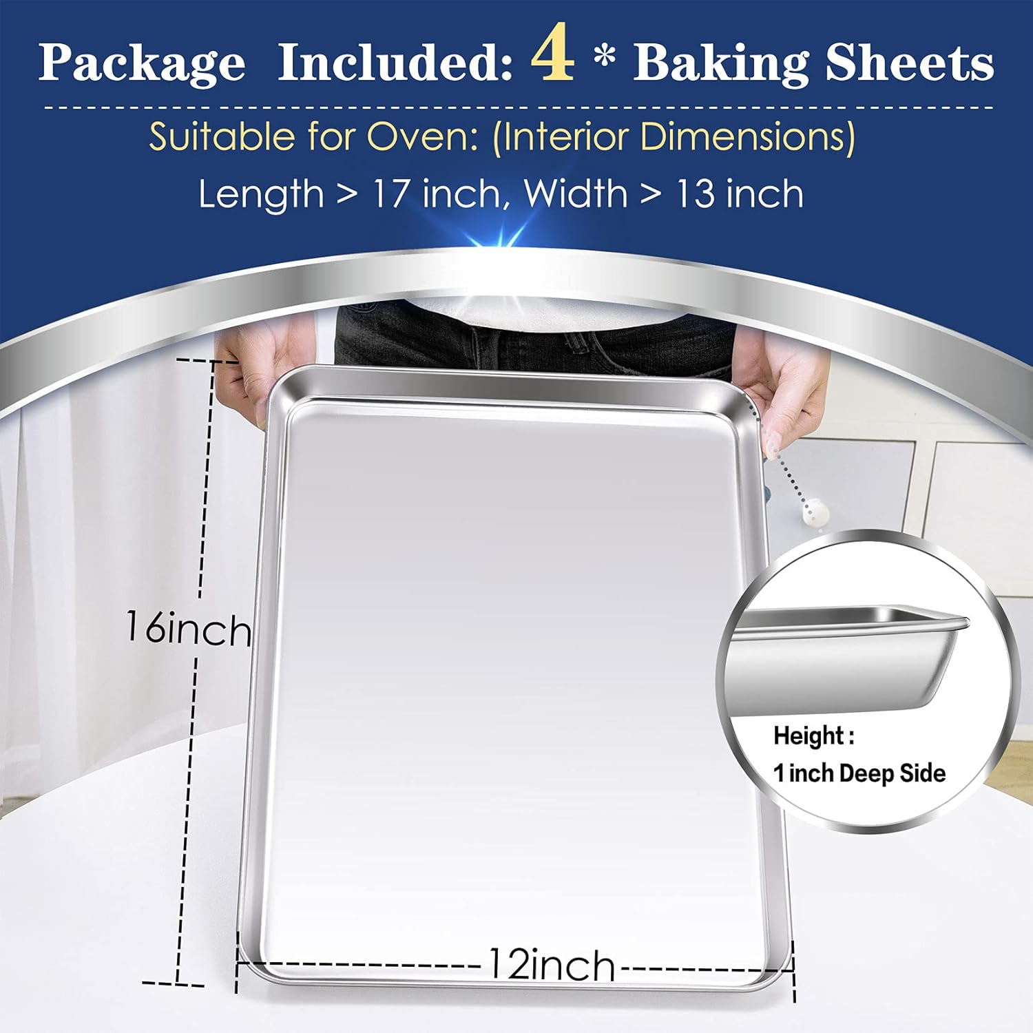 P&P CHEF 16 Inch Baking Cookie Sheet, Oven Pan Tray Stainless Steel Sheet Pan for Kitchen, Oven Bakeware for Multi Uses, Shiny Look & Dishwasher Safe, Healthy & Heavy Duty, 4Pcs