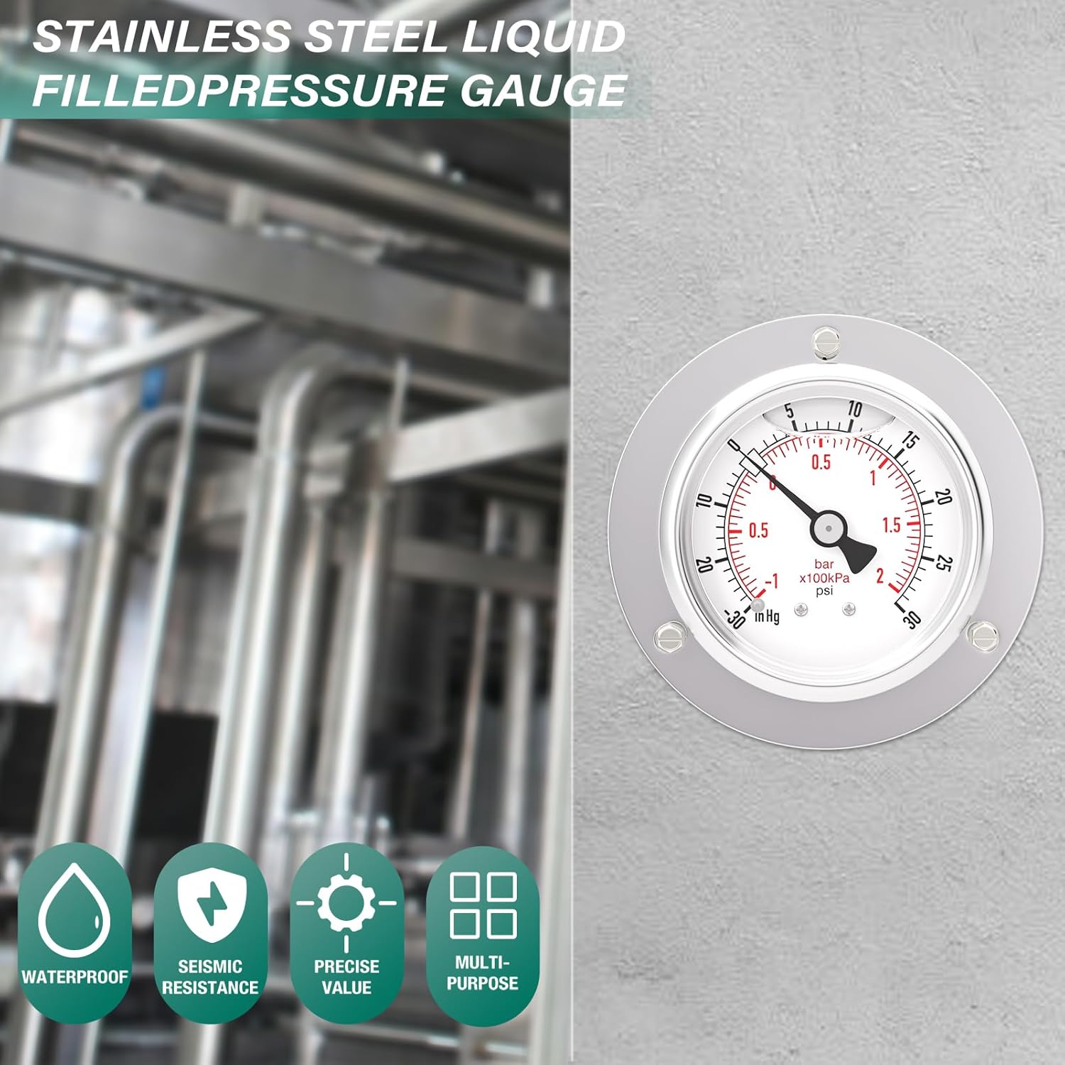 -30inHG-30PSI Panel Mount Front Flanged Glycerin Filled Pressure Gauge, 2.5" Dial Size, 1/4" MNPT Back Mount, Stainless Steel Case, with Phillips Screw and Nut, for Water, Gas, Liquid