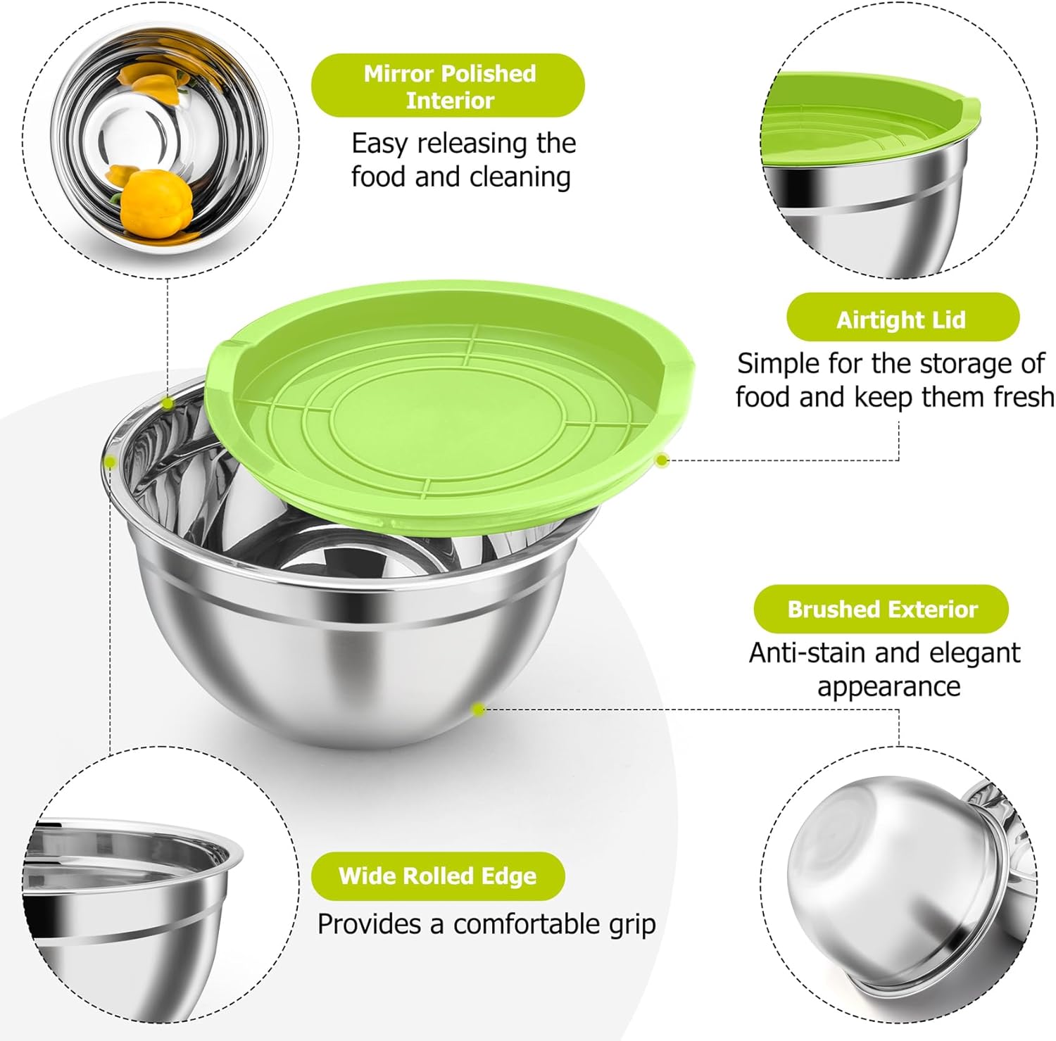 TeamFar Mixing Bowls, Stainless Steel Nesting Salad Bowls with Airtight Lids Set, For Serving/Mixing/Storing, Healthy & Long-lasting, Dishwasher Safe & Easy Clean, 4.6/3 / 1.5 QT, Colorful