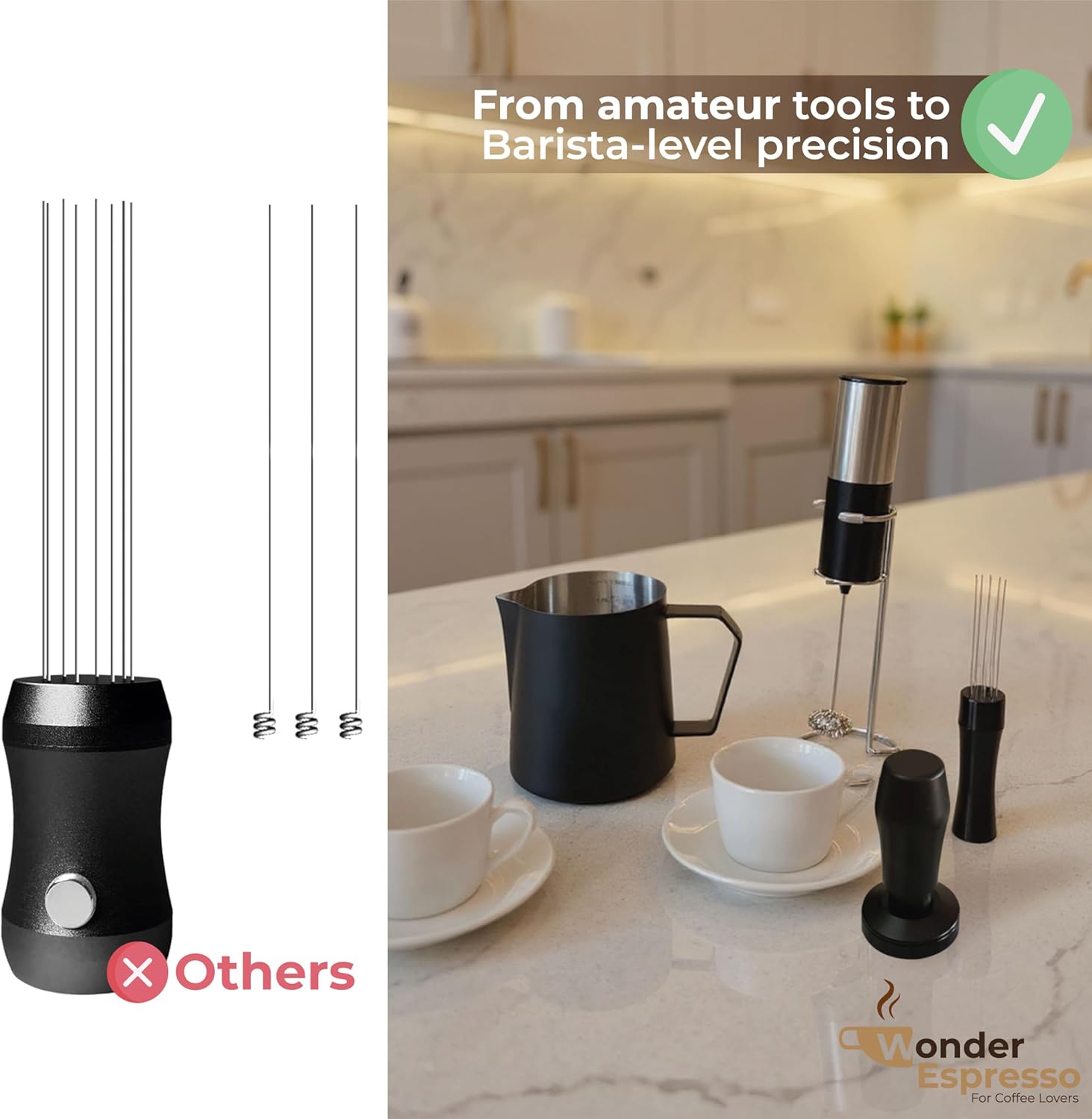 WDT Tool Espresso Magnetic, Espresso Tool Kit, Coffee Tamper 51mm, Milk Frother Handheld, Frothing Pitcher Stainless Steel, Electric Drink Mixer Wand, Barista Tools for Coffee Lovers