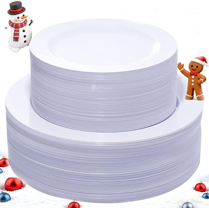 KIRE 120PCS White Plastic Plates - Heavy Duty White Disposable Plates for Party/Wedding - Include 60Pieces 10.25inch Dinner Plates - 60Pieces 7.5inch Dessert/Salad Plates
