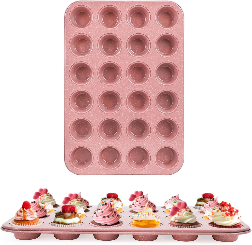 Spmart 2-Pack 24-Cup Nonstick Ceramic-Coated Mini Muffin Pan | Durable & Easy Clean Muffin Tins | Perfect for Small Baked Goods & Party Treats (Pink)