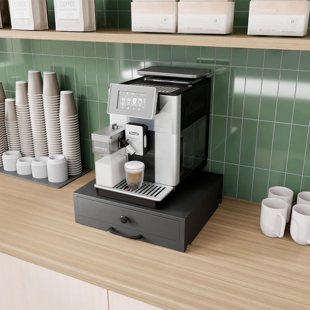 NiHome Acacia Wood Coffee Machine Tray with Pod Drawer, Smooth Wheels Rolling Appliance Slider, Large Drawer for K-Cups, Tea Bags, Under Cabinet Countertop Caddy for Espresso Maker, Blender, Air Fryer