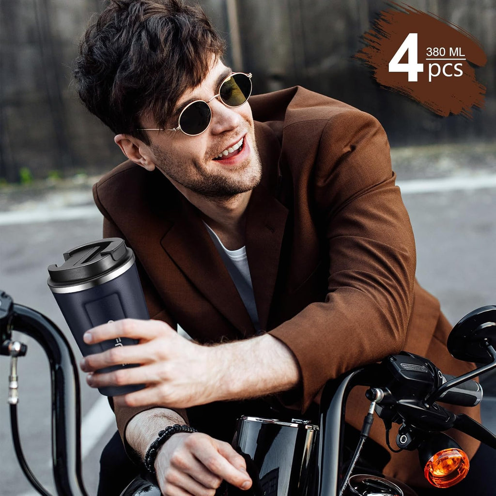 Sieral 4 Pcs 13 oz Travel Coffee Mug Insulated Reusable Coffee Cups with Leakproof Lid Stainless Steel Portable Tumbler for Keep Hot or Ice Milk Tea(Navy Blue)