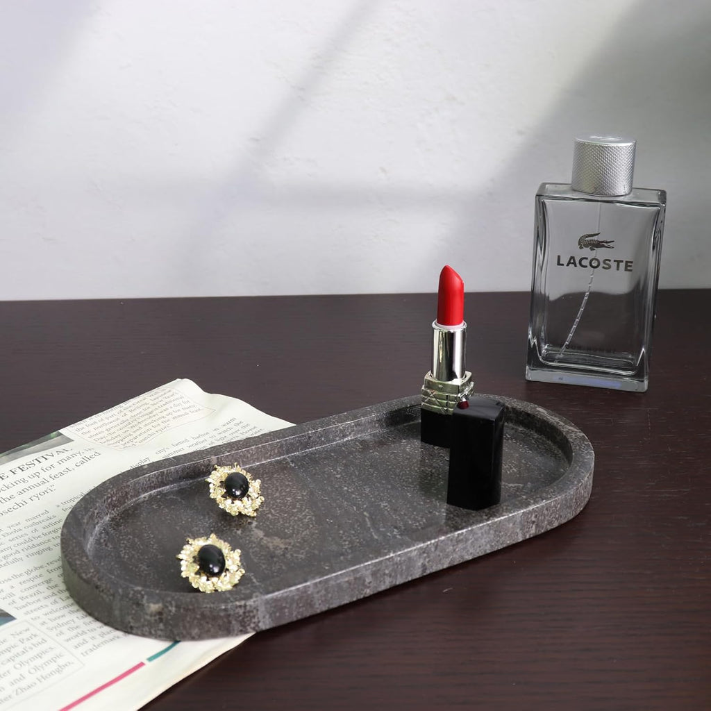 Natural Marble Tray, Oval Vanity Decorative Tray for Bathroom Counter, Countertop Stone Organizer, Catchall Tray for Kitchen, Perfume, Candles, Jewelry Dish Decorative Tray