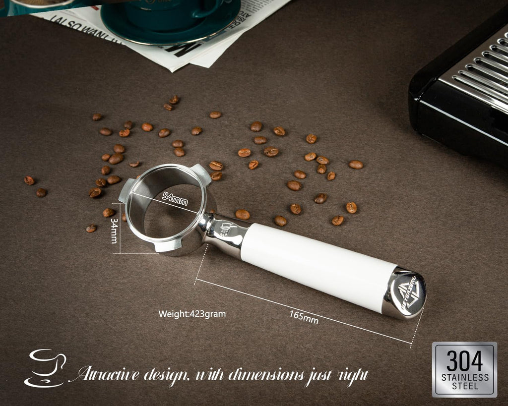 54mm Bottomless Portafilter Set – Includes Precision Filter Basket, Puck Screen & Stand – Compatible with Breville Barista Express, Barista Pro & 54mm Breville Machines, White