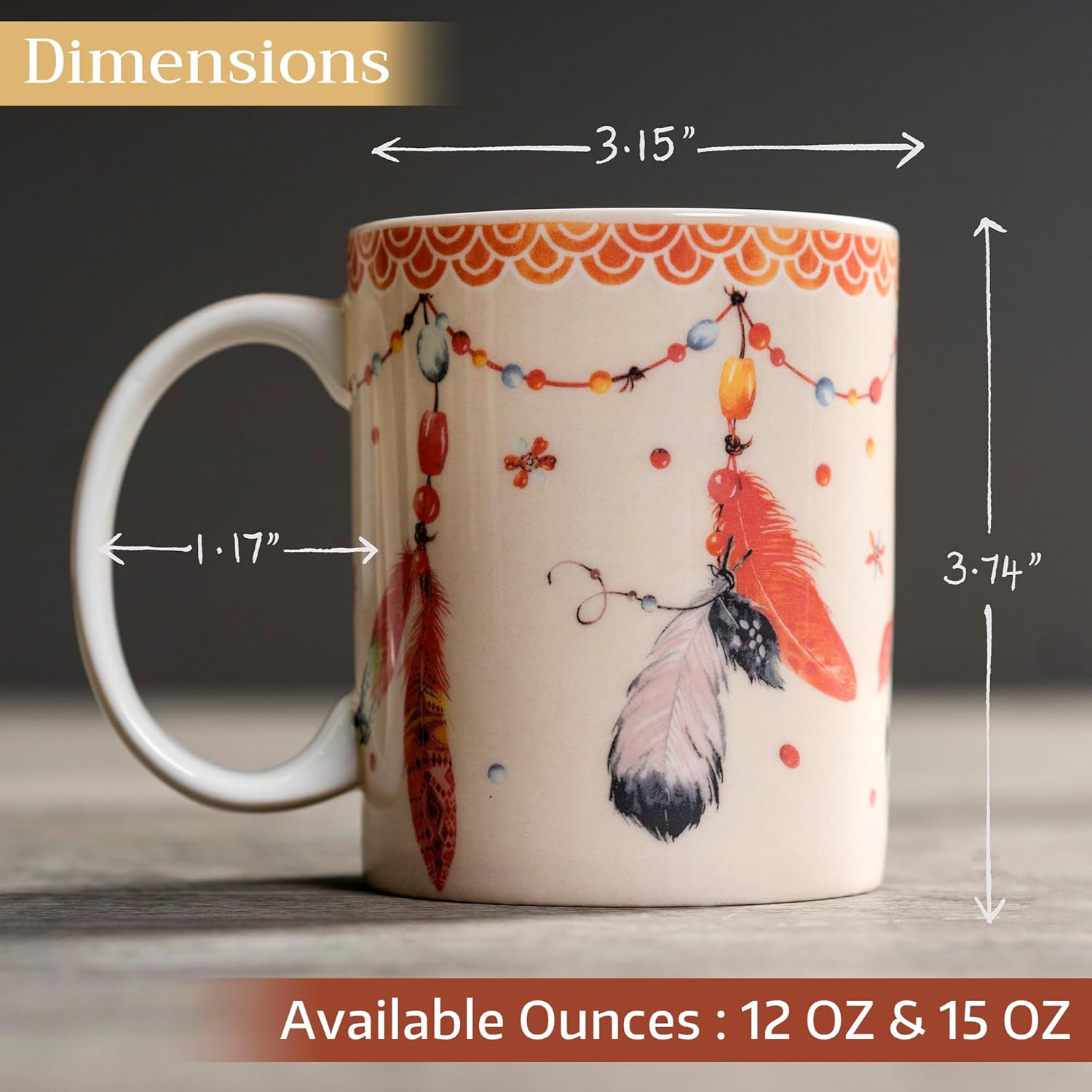 Maison d' Hermine Coffee Mug with Handles Fine Bone China Mugs Pack of One Tea Cups for Hot Beverages Cappuccino Latte Home Restaurant Office Perfect for Gift (Ibiza - Beige - Feather, 12 Ounce)