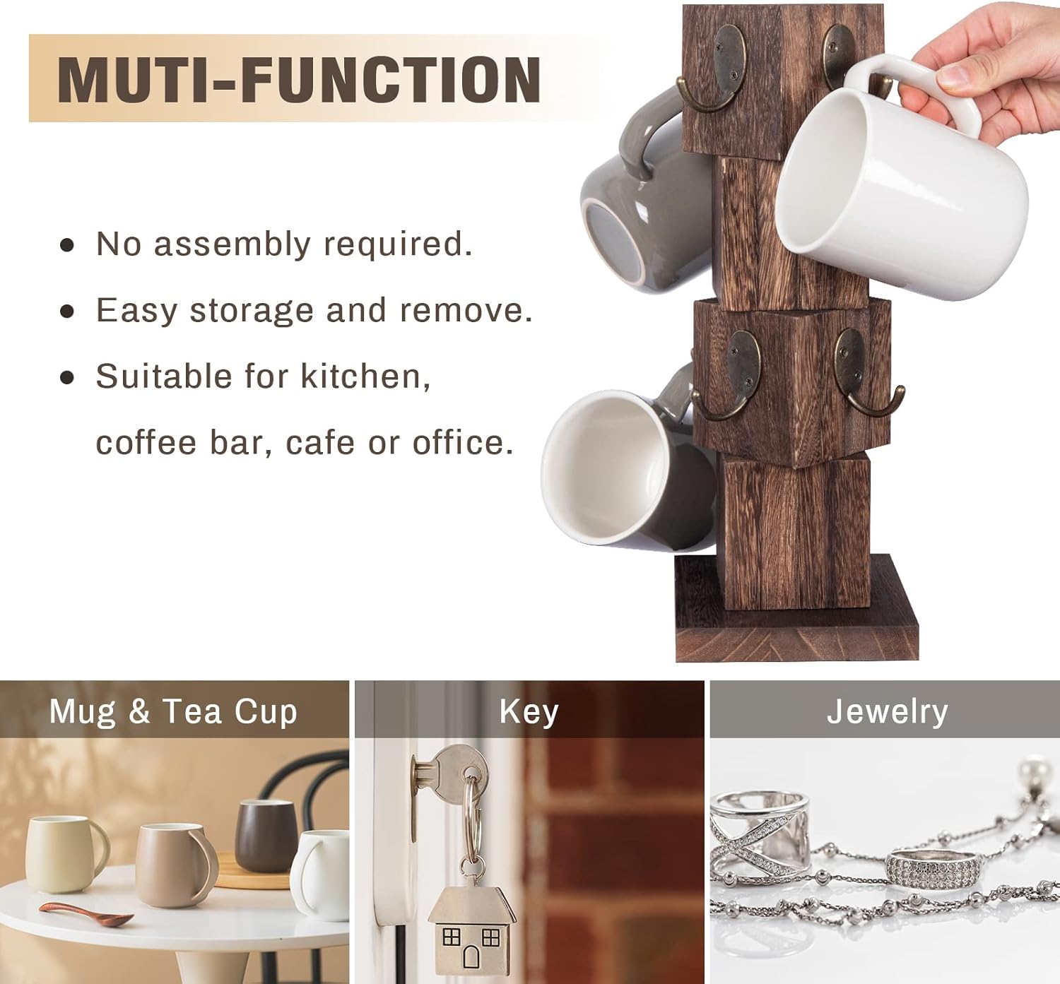 Coffee Mug Holder Tree, Rustic Solid Wood Mug Tree Stand with 8 Hooks, Farmhouse Coffee Cup Holder for Counter, Mug Hanger for Kitchen Organizer, Brown