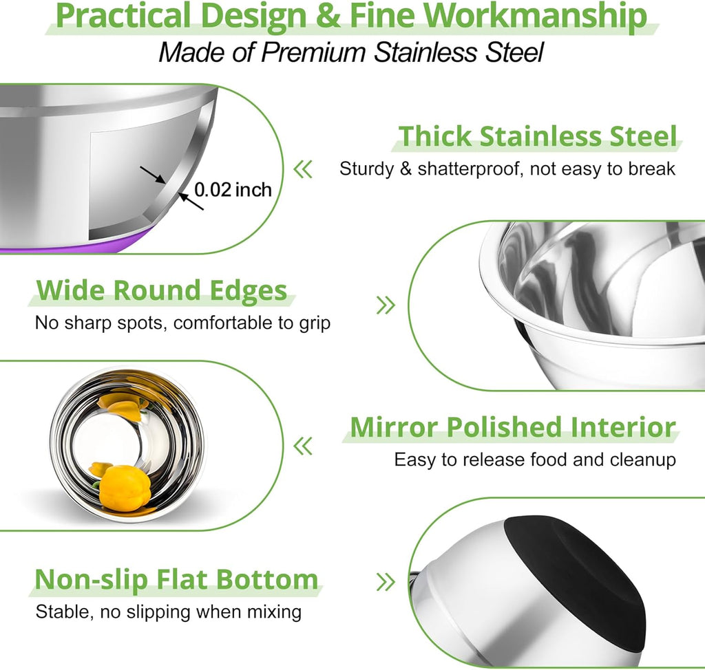 TeamFar Mixing Bowls, 5PCS Stainless Steel Serving Salad Bowls with Lids, For Kitchen Mixing/Baking/Storing/Prepping, Visible & Airtight, Non-Slip Bottom - 4.6/3.5/1.5/1 / 0.7 QT, Multi-color