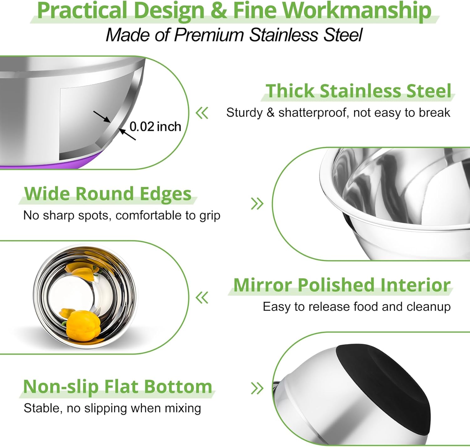 TeamFar Mixing Bowls, 5PCS Stainless Steel Serving Salad Bowls with Lids, For Kitchen Mixing/Baking/Storing/Prepping, Visible & Airtight, Non-Slip Bottom - 4.6/3.5/1.5/1 / 0.7 QT, Multi-color