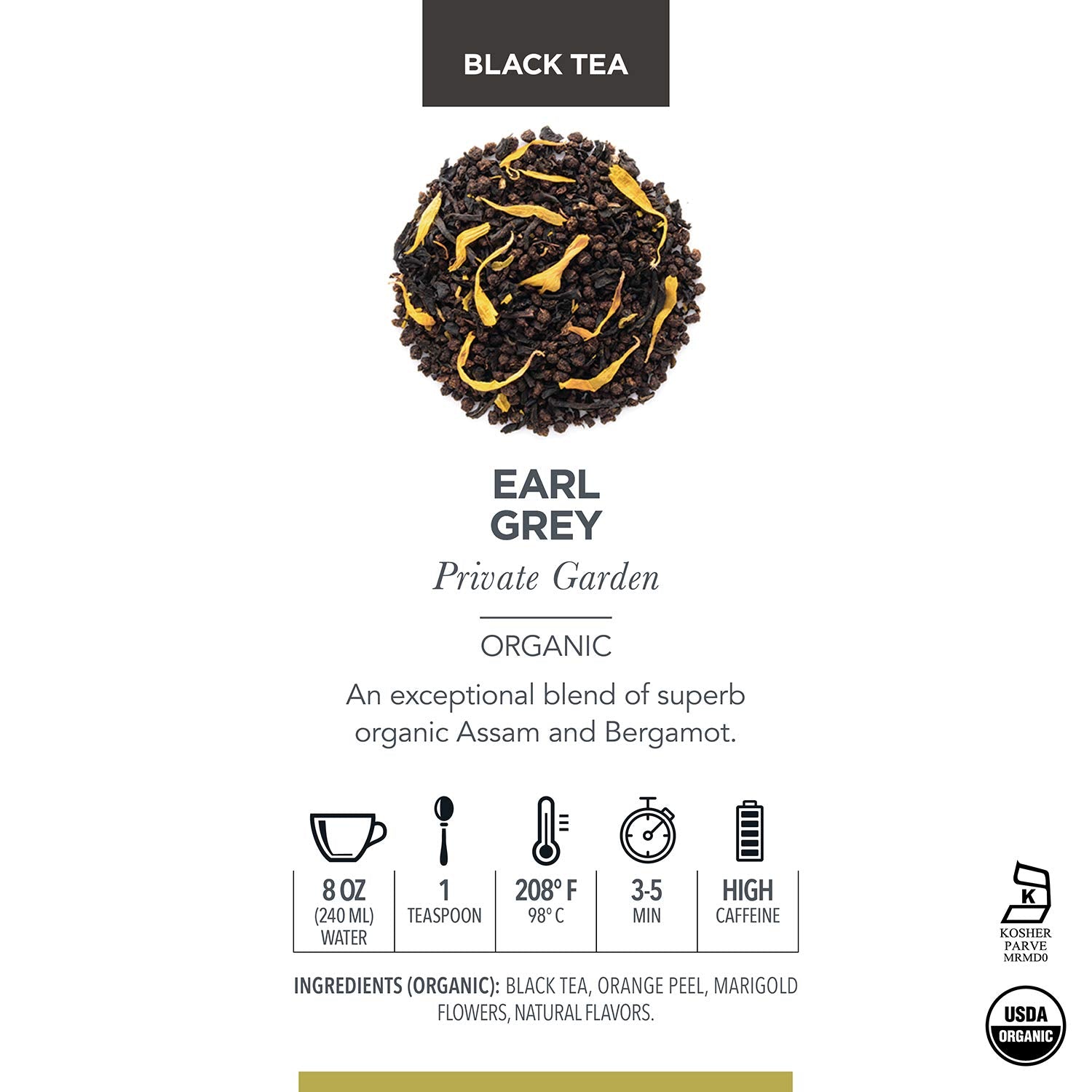 Teabloom Organic Black Tea, Earl Grey Private Garden Loose Leaf Tea, Classic Assam Whole Leaf Blend, USDA Certified Organic, Kosher Certified, 3.53 Ounce Loose Leaf Tea Canister Makes 35-50 Cups