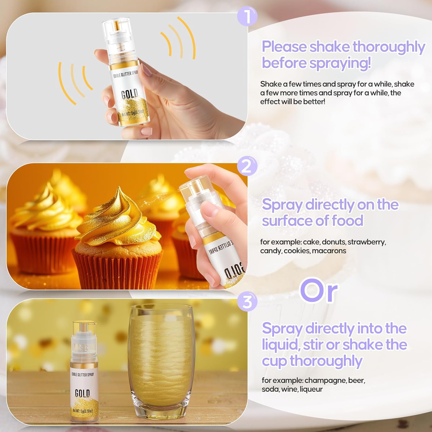 Edible Glitter Spray,2 Colors Iridescent & Iridescent Gold Food Grade Edible Glitter Set for Drink Cake Beverages,Cupcakes,Cake Pops and Cookies Decorating